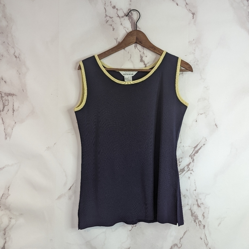 Exclusively Misook Tank Top Women Small Blue Yellow Trim Sleeveless Acrylic Slit